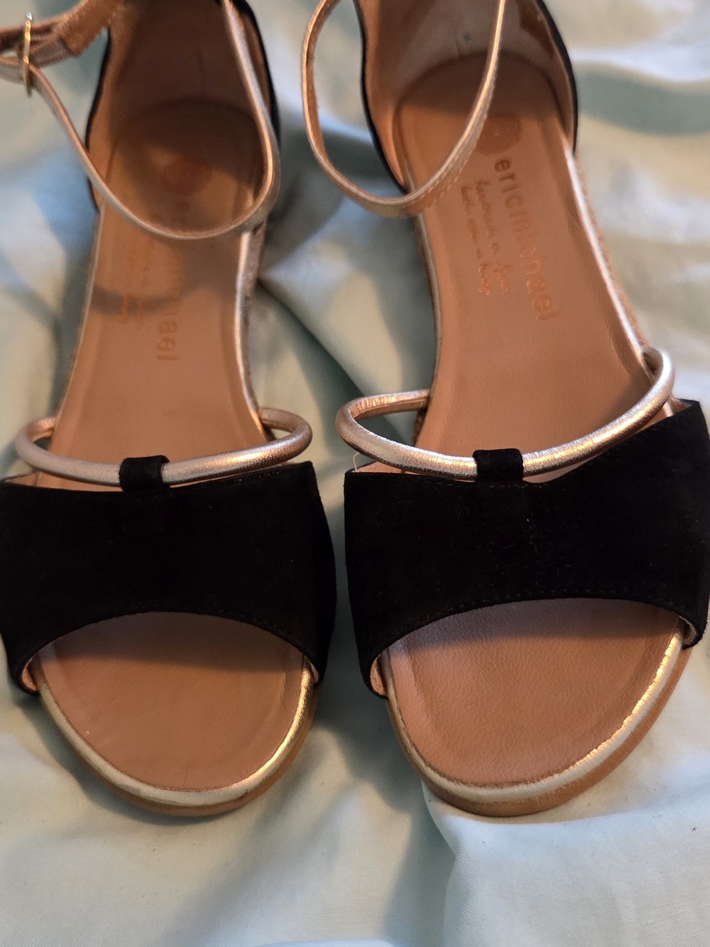 Eric Michael Black Suede Sandals with Gold Accent Straps